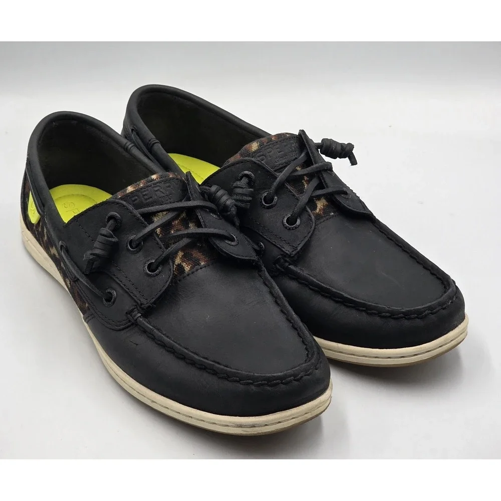 Sperry Songfish Boat Shoes Womens 9.5 Black Leopard Nubuck Leather Lace Up